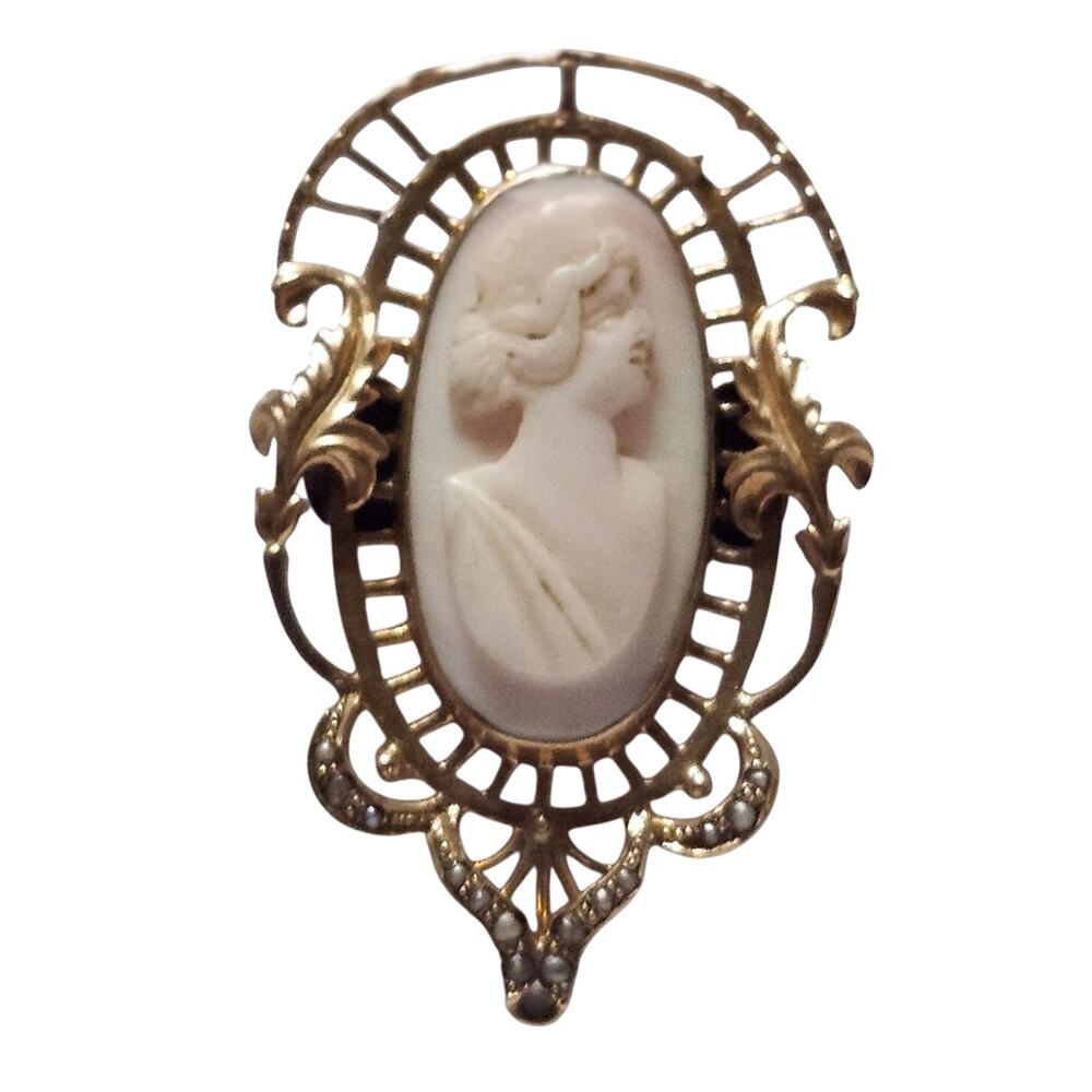 Antique Edwardian Hand Carved Shell Cameo Brooch C Clasp Openwork c1900